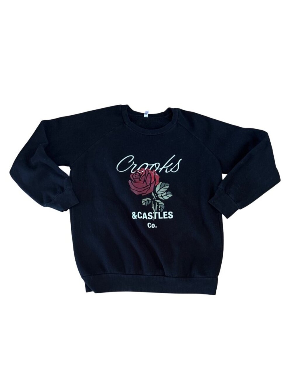 Crooks & Castles Sweatshirt Black Crewneck With Rose Graphic Large Cotton Blend